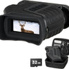 Black digital night vision device with deer image on screen, case, and 32GB memory card on white background