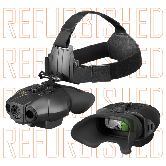Black head-mounted device with head mount and strap on a white background with 'REFURBISHED' text.