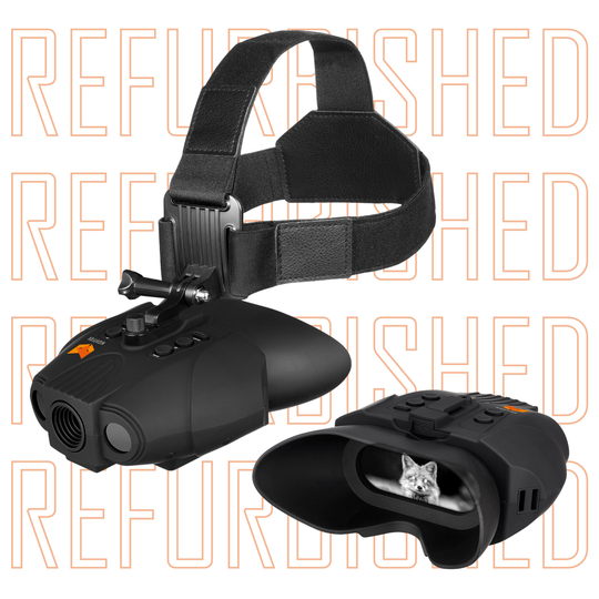 Black Swift night vision goggles with a headband on a white background with 'REFURBISHED' text.