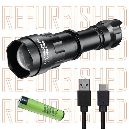 Refurbished 850nm infrared torch by Nightfox with battery and USB-C cable