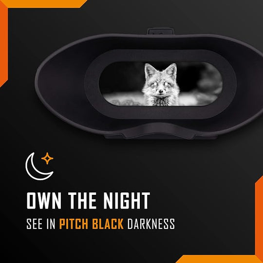 Black night vision goggles with a fox image on a dark background, featuring text 'Own the Night' and 'See in Pitch Black Darkness'.
