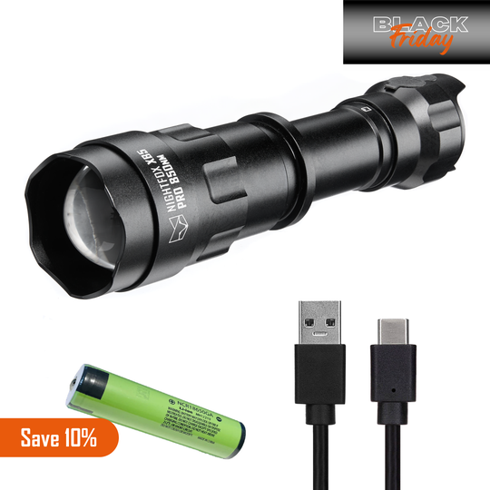 Nightfox XB5 infrared torch, battery and USB-C charging cable; 20% off indicator